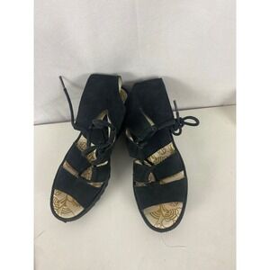 FLY LONDON Black Suede Lace Up Wedge Gladiator Sandals Goth Women's Size 38